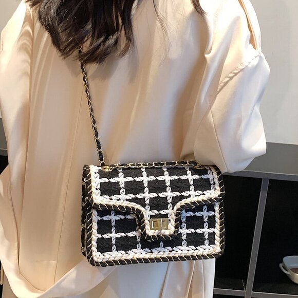 Black And White Elegant Women's Plaid Shoulder Crossbody Square Bag - Picture 3 of 6